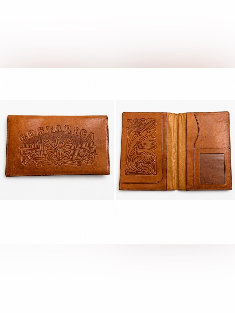 Vintage Costa Rica Tooled Leather Travel Wallet Passport Holder Brown